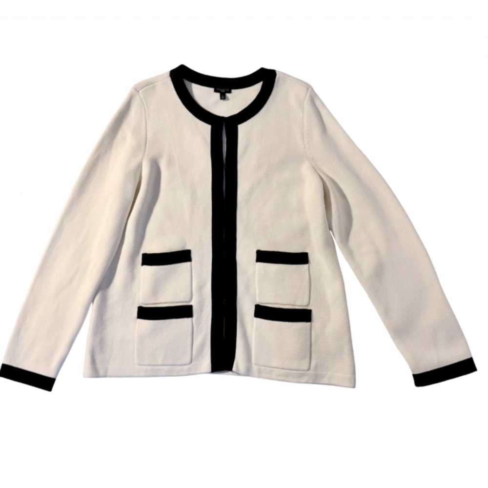 Talbots Ivory Black Trim Sweater Jacket Hook Eye Cardigan Knit X (1X) - Picture 2 of 8